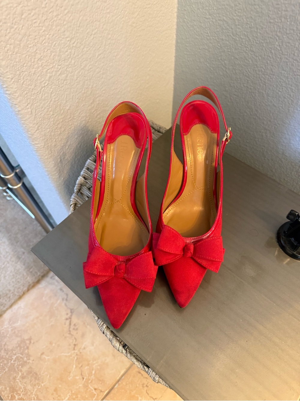 J.Renee Red Pointed-Toe Slingback Heels with Bow